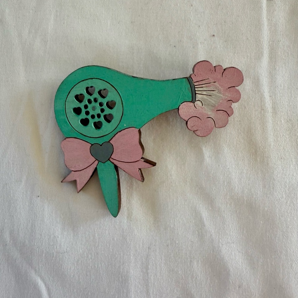 Vintage blow dryer wood brooch